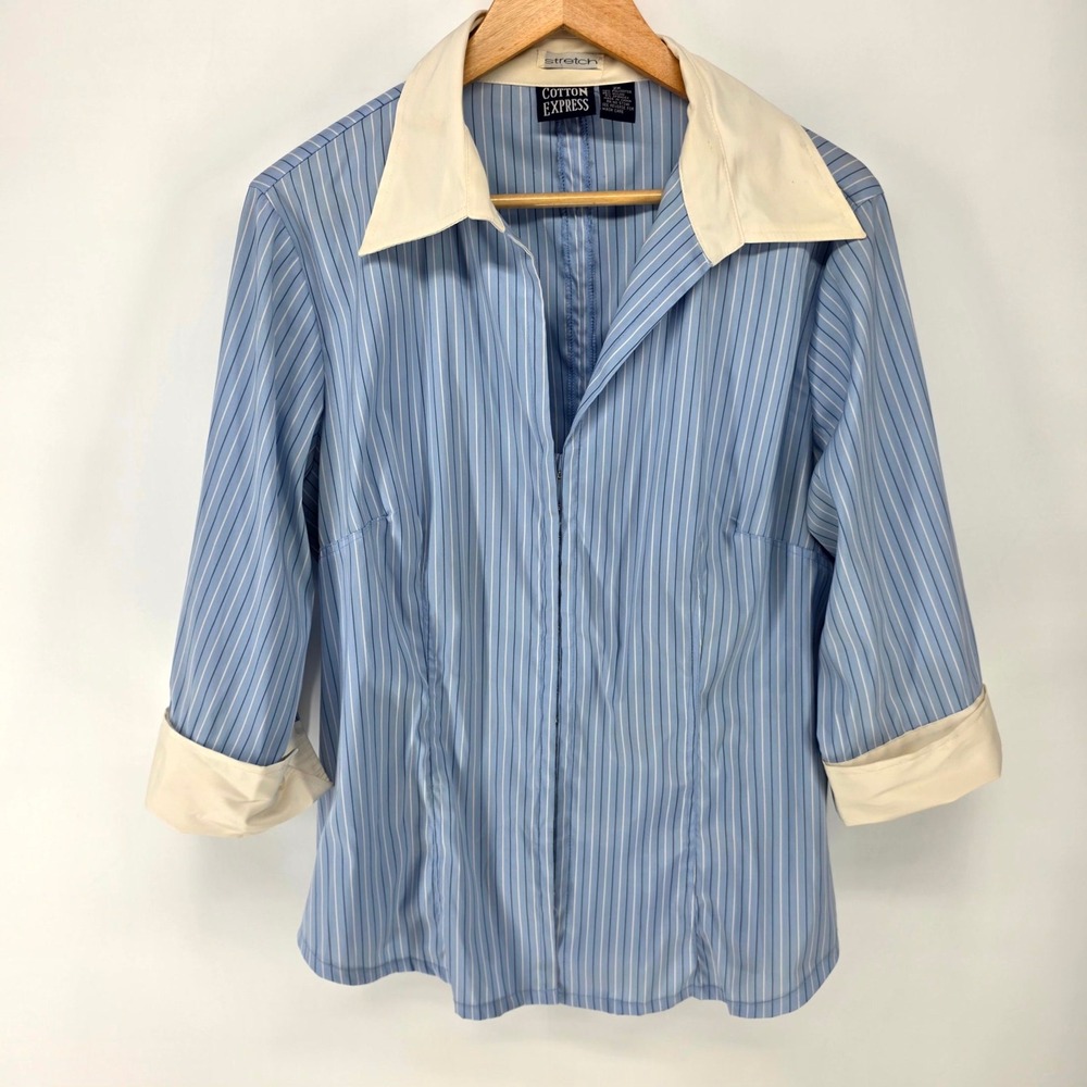 Cotton Express Blouse Womens 2X Blue Striped Hook Front Contrast Collar Office